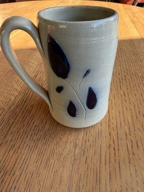 Handmade Studio Pottery Mug | Gray Stoneware w/ Blue Leaf | Artisan Coffee Cup